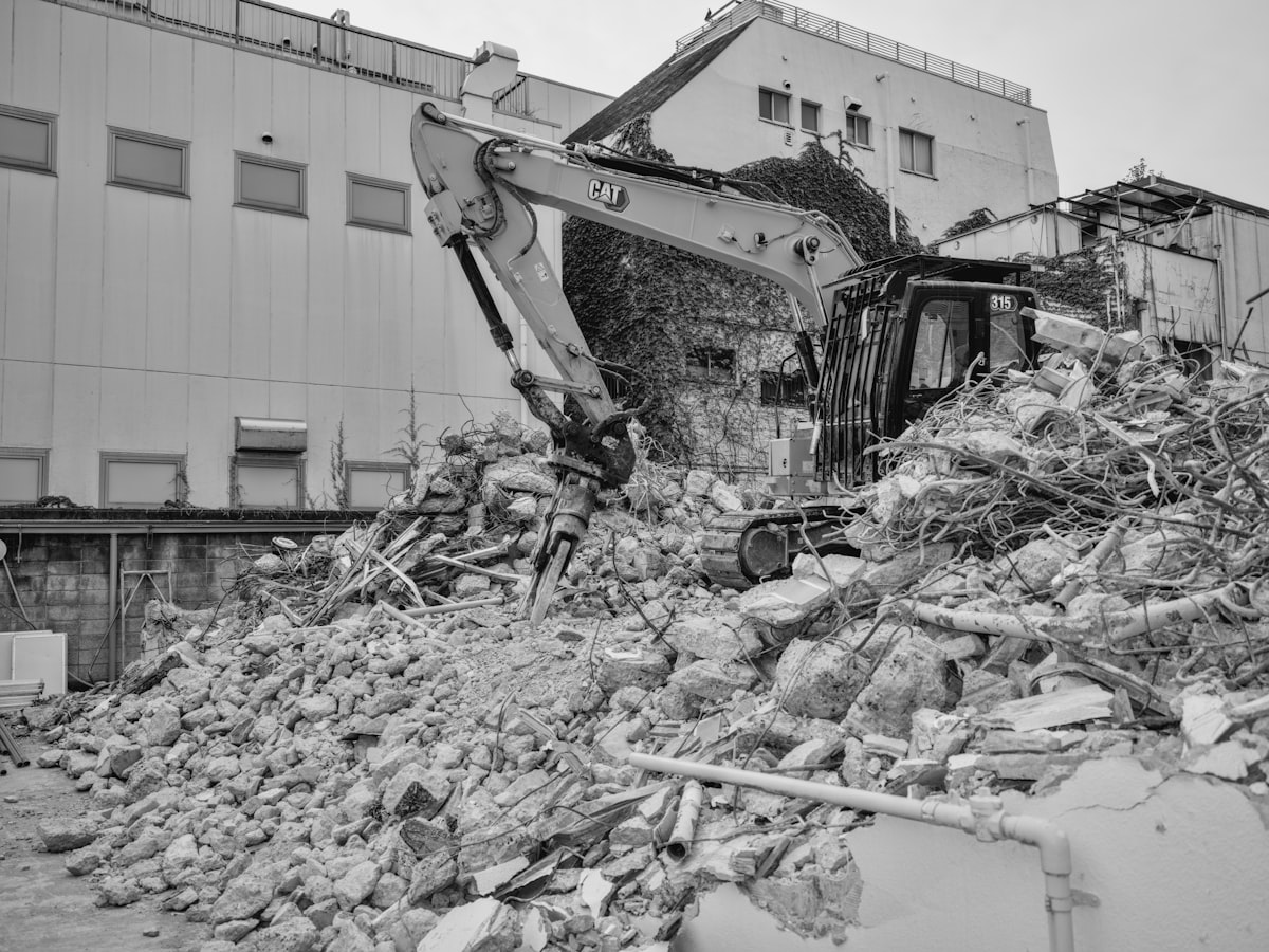 Building damage and rubble after earthquake demolition