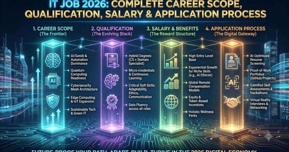 IT Job 2026: IT सेक्टर में करियर के पूरे स्कोप, फील्ड्स, क्वालिफिकेशन, सैलरी और अप्लाई प्रोसेस की पूरी जानकारी "IT Job 2026: IT सेक्टर में करियर के पूरे स्कोप, क्वालिफिकेशन, सैलरी और अप्लाई प्रोसेस"