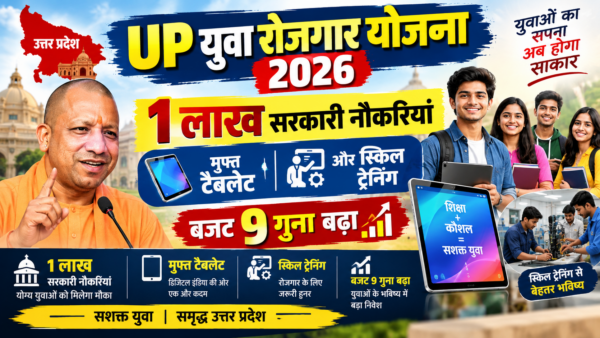 UP युवा रोजगार योजना 2026: 1 लाख सरकारी नौकरियां, मुफ्त टैबलेट और स्किल ट्रेनिंग बजट 9 गुना बढ़ा